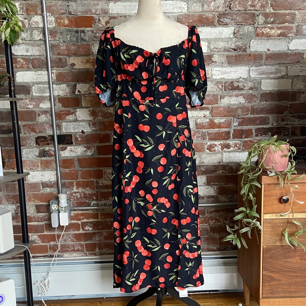 Cider Black Maxi Dress with Red Cherry Print